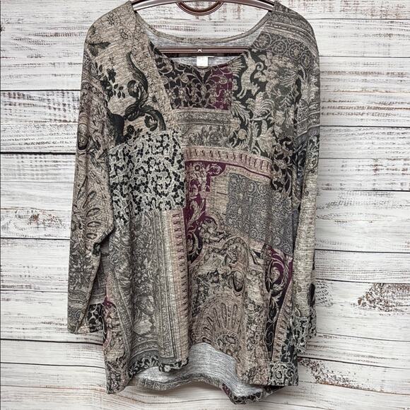 CJ Banks Knit Top 2X Plus Maroon Tan Gray - Picture 1 of 5